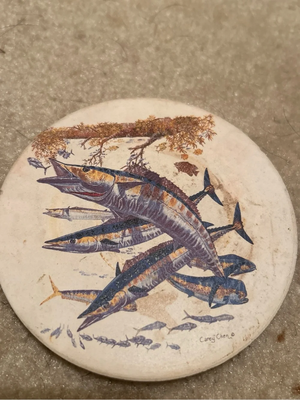 3 pc set Fish Illustration Stone Coaster Set with Wooden Holder - Neutral Tones